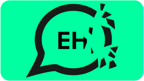 My English Habit's logo. A black speech bubble with the words "Eh" shatters into many pieces. Green background.
