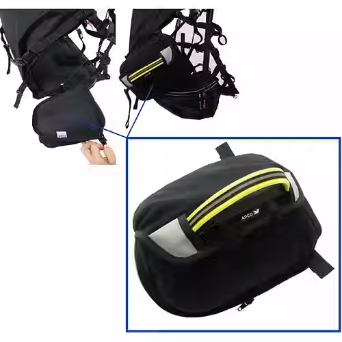 Yellow handle reserve parachute container for split leg paramotor harness
