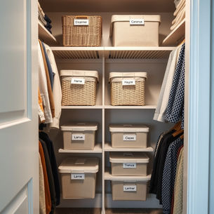 Clean, organized closet with labeled storage bins