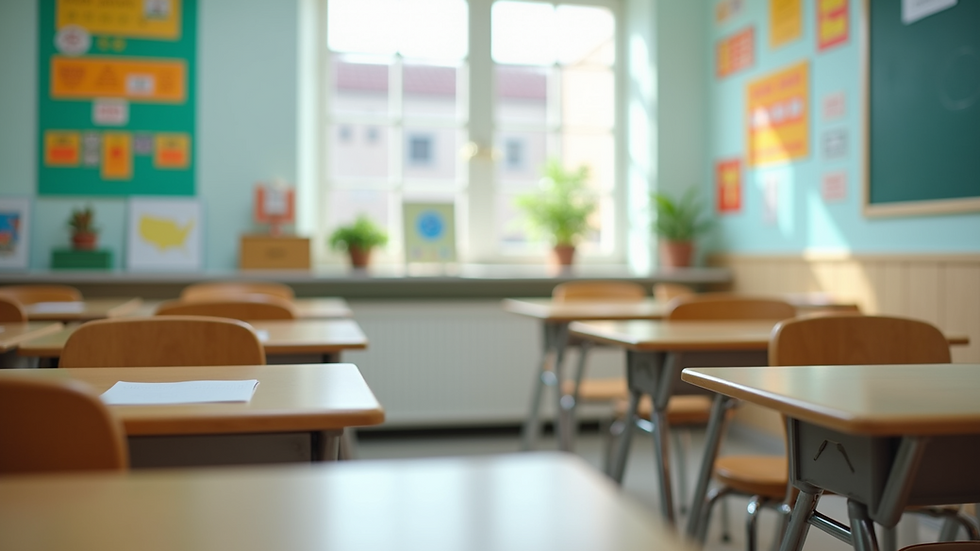 Eye-level view of a clean classroom with organized desks and bright decorations