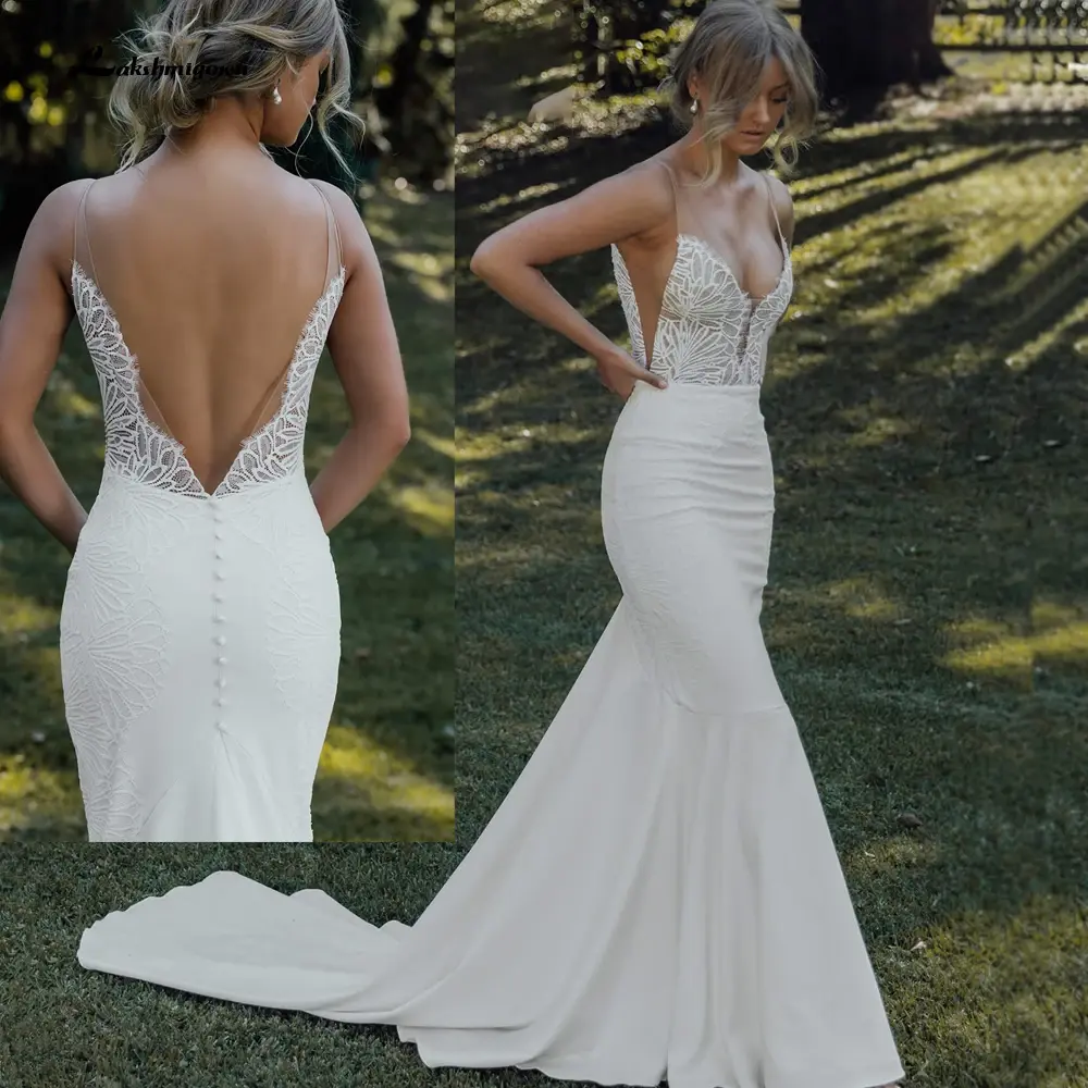 Plunging V Neck Sleeveless Lace Stretch Crepe Wedding Dress