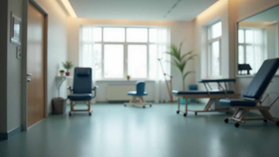 eye-level view of physiotherapy room with exercise equipment