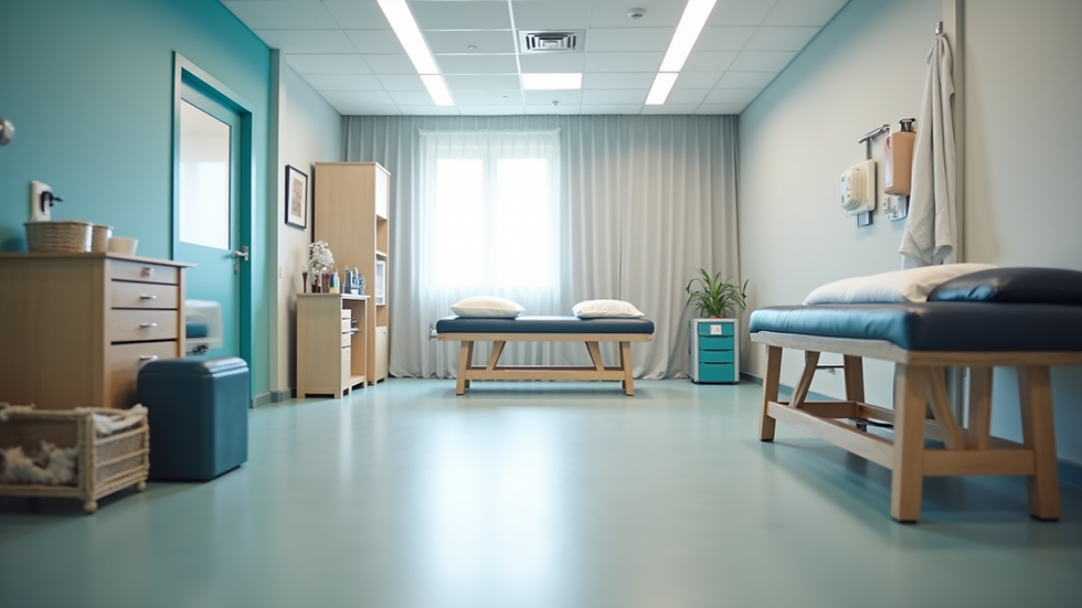Eye-level view of a modern physiotherapy treatment room with exercise equipment