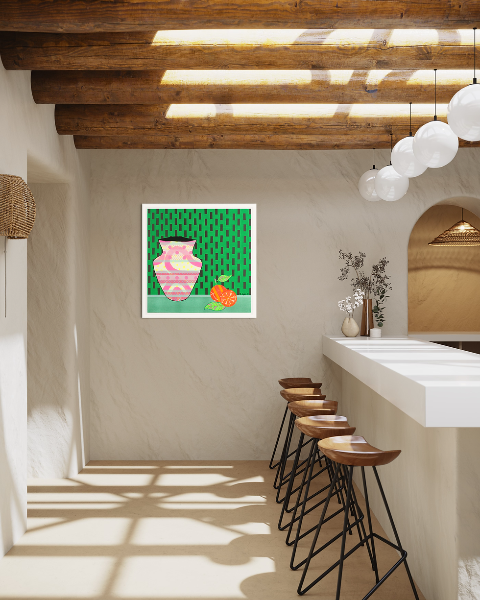 Thumbnail: Painting of a vase and fruit, green background, interior, David Galan Studio.