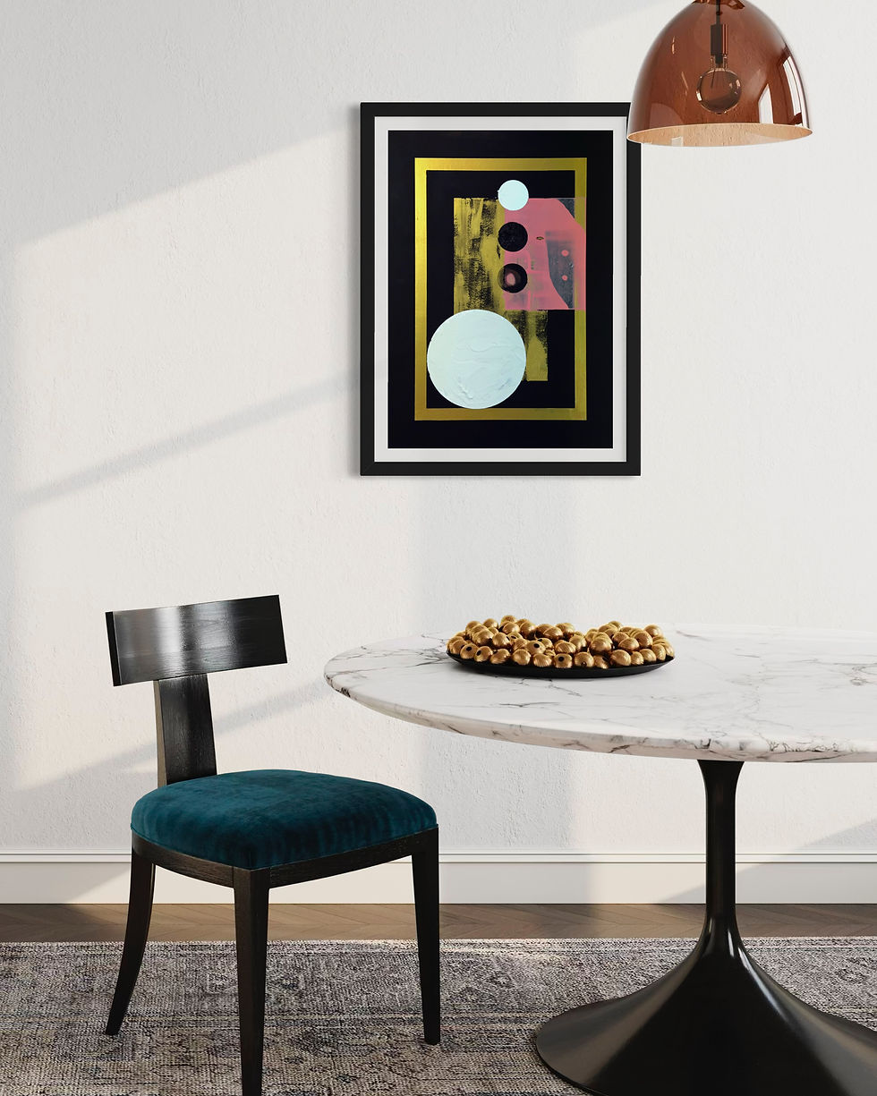 Thumbnail: Abstract art with geometric shapes above a round table with chair.