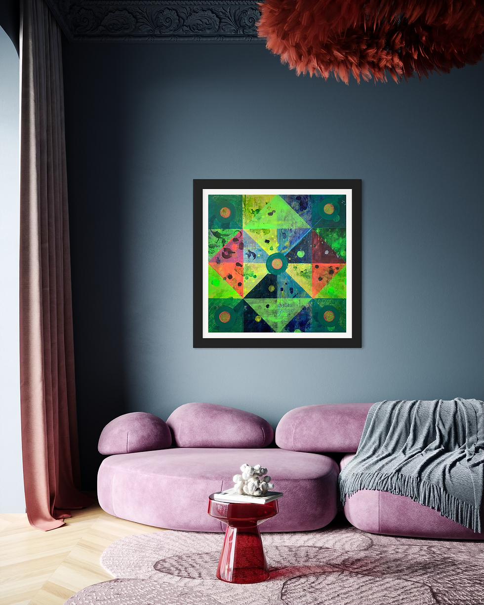 Colorful artwork hanging on a blue wall with a pink sofa nearby.