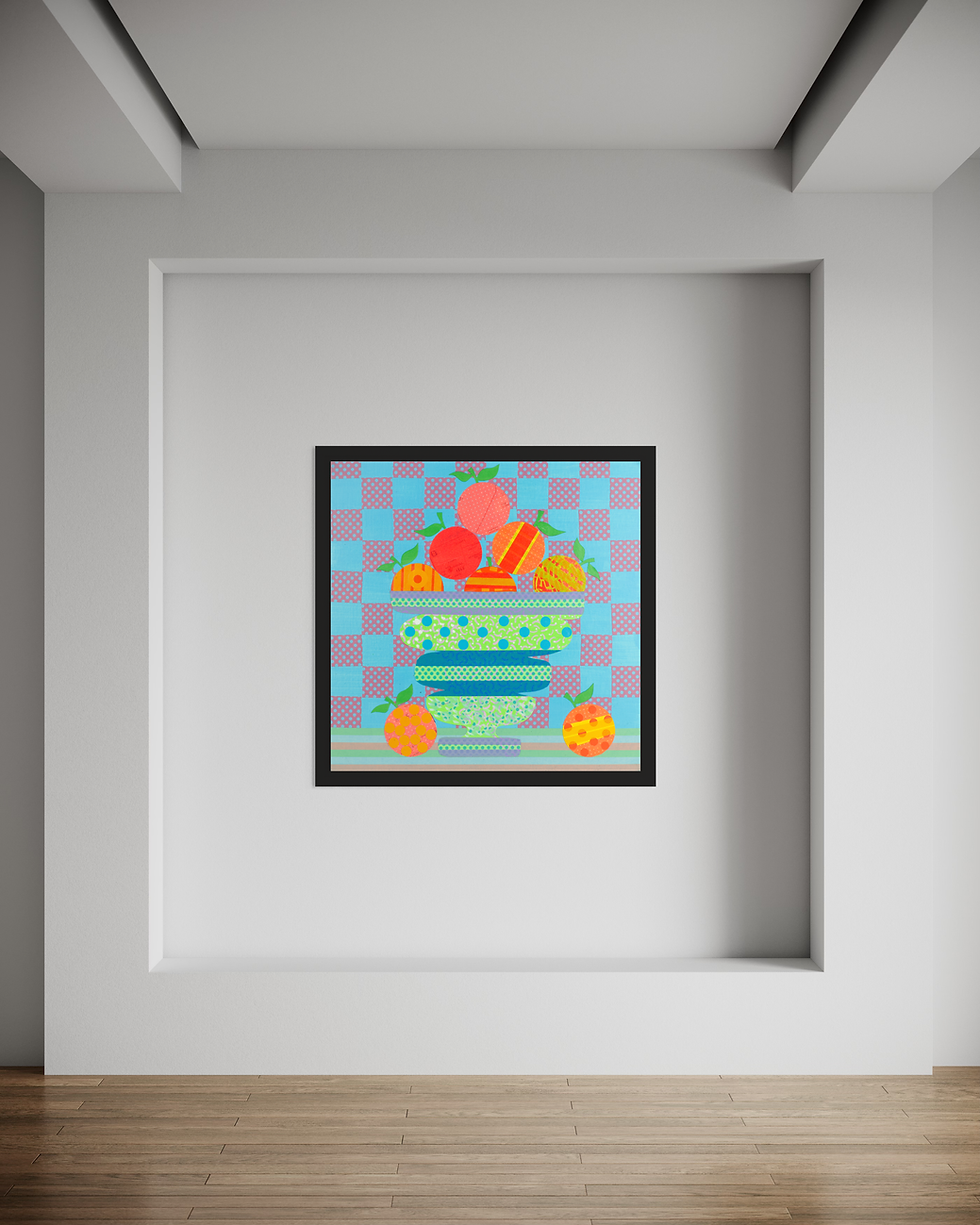 Painting of fruits in a bowl, orange and blue background. David Galan Studio.