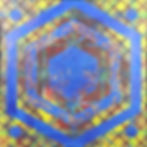 Colourful abstract painting hexagon geometry circles blue yellow and red with textures and patterns