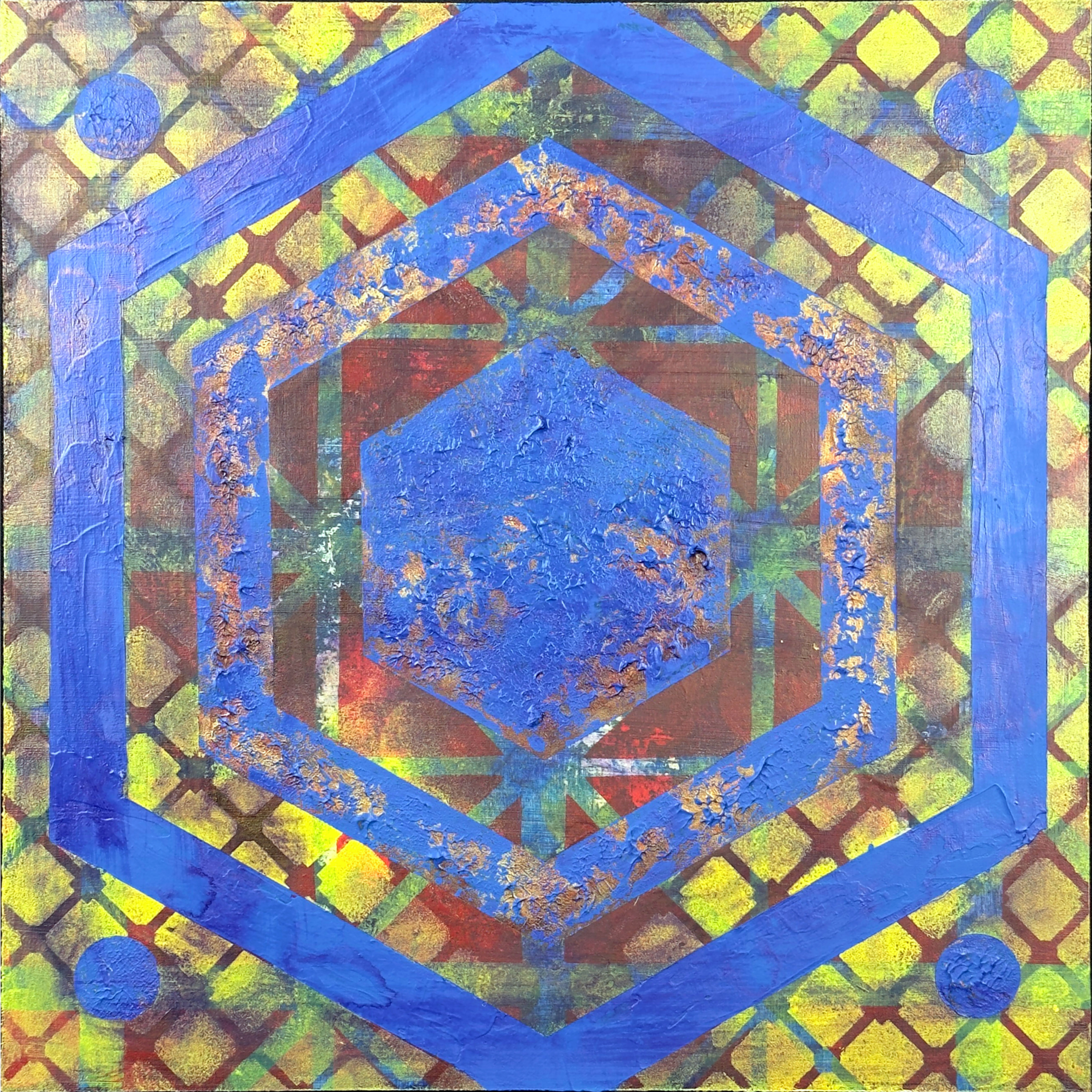 Colourful abstract painting hexagon geometry circles blue yellow and red with textures and patterns