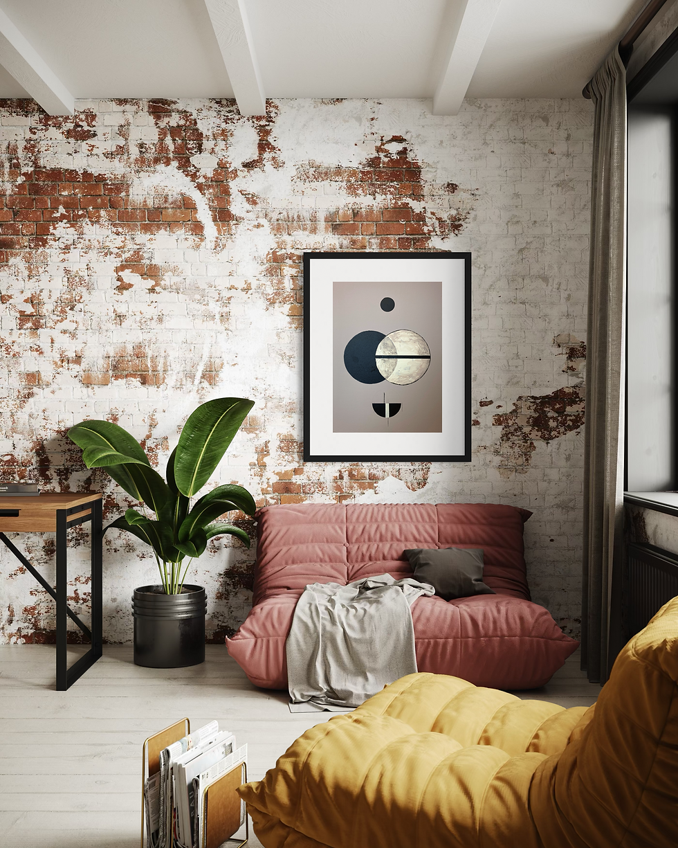 Thumbnail: Modern living room with artwork, plant, and a pink sofa in a rustic setting.