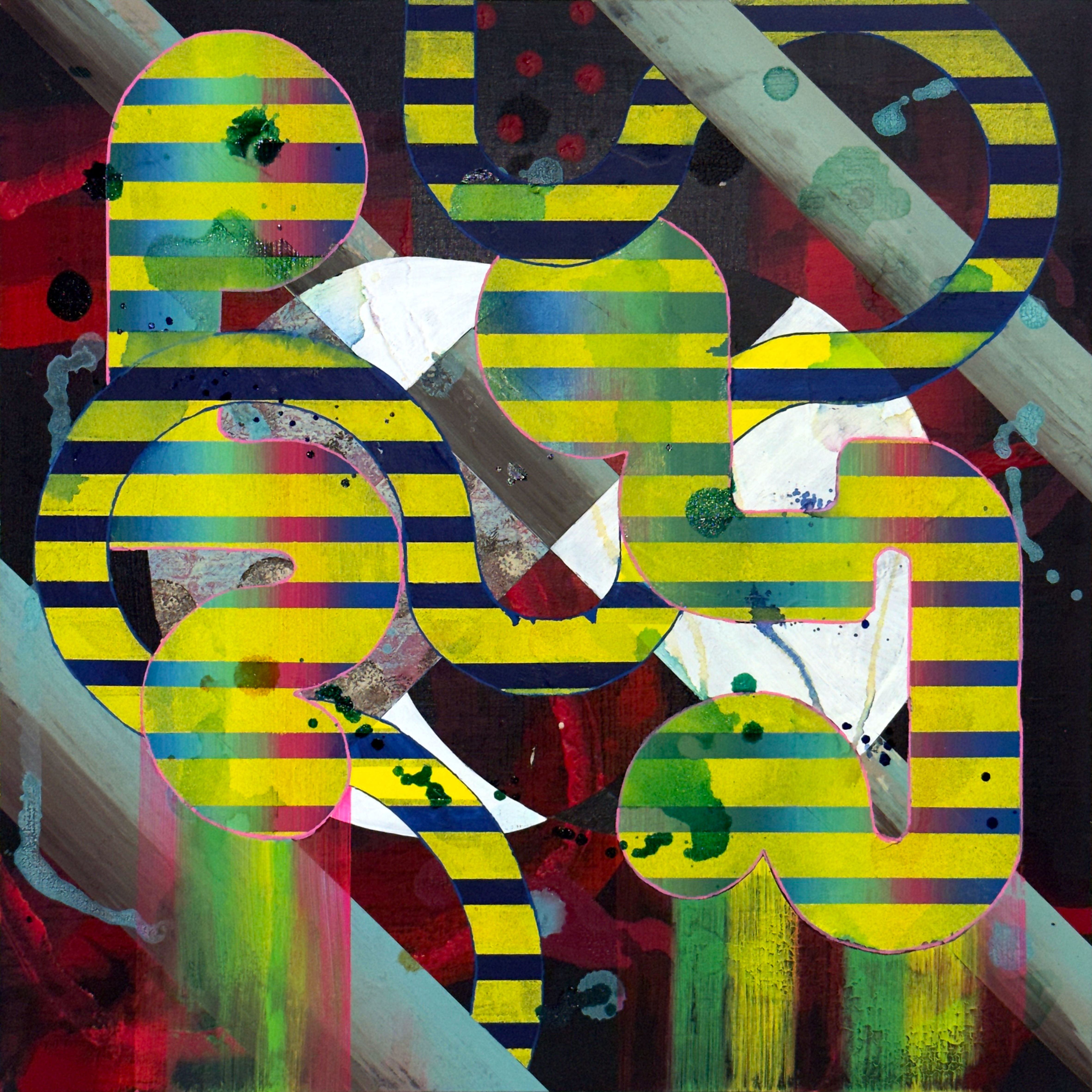 Abstract painting with striped organic shapes over a red and teal textured background with diagonal grey lines.