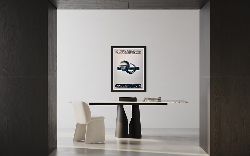Thumbnail: Modern dining room with table, chair, artwork, and White Geometry 4. David Galan Studio