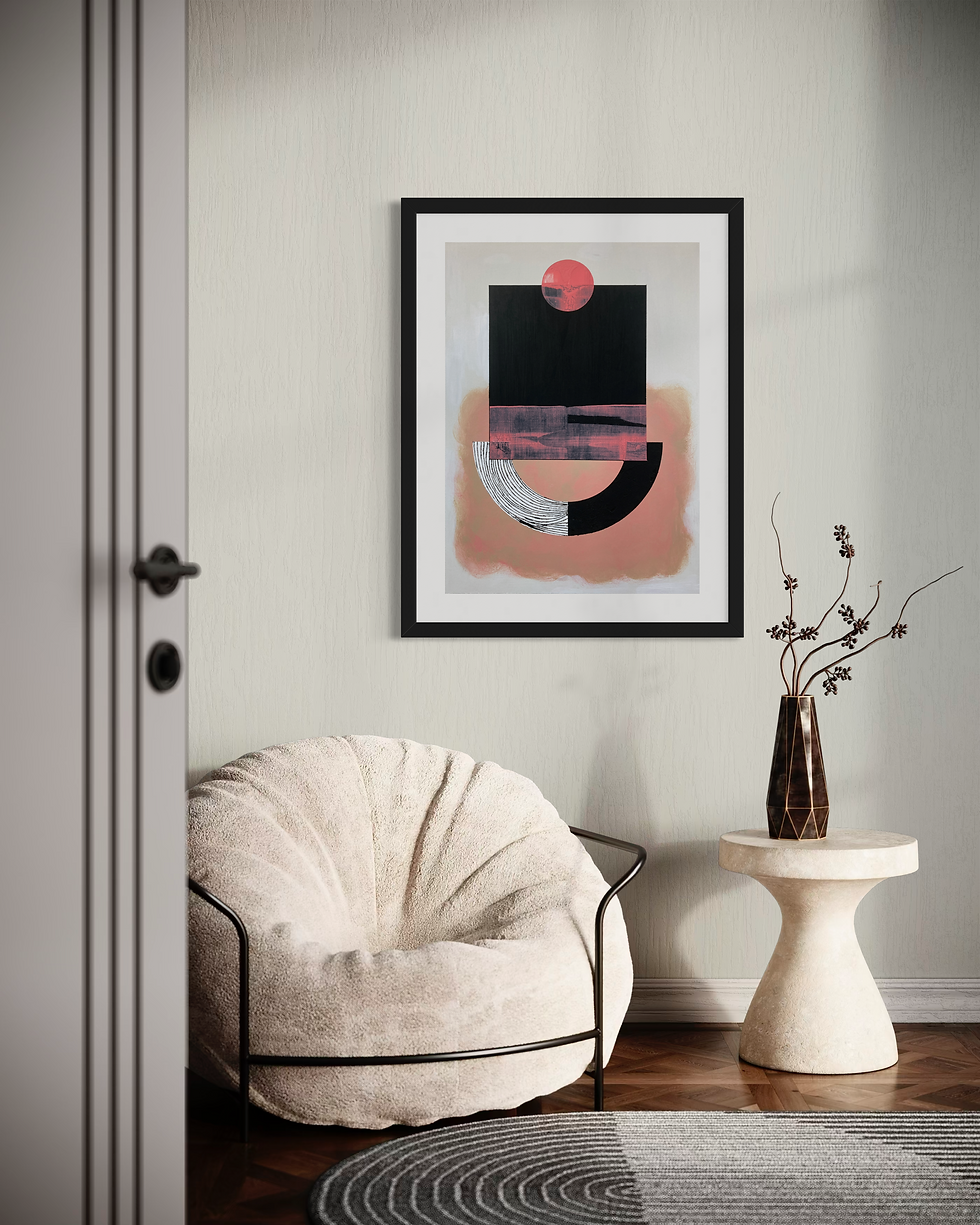 Thumbnail: Abstract art print with red circle, black square, and textured design on the wall.