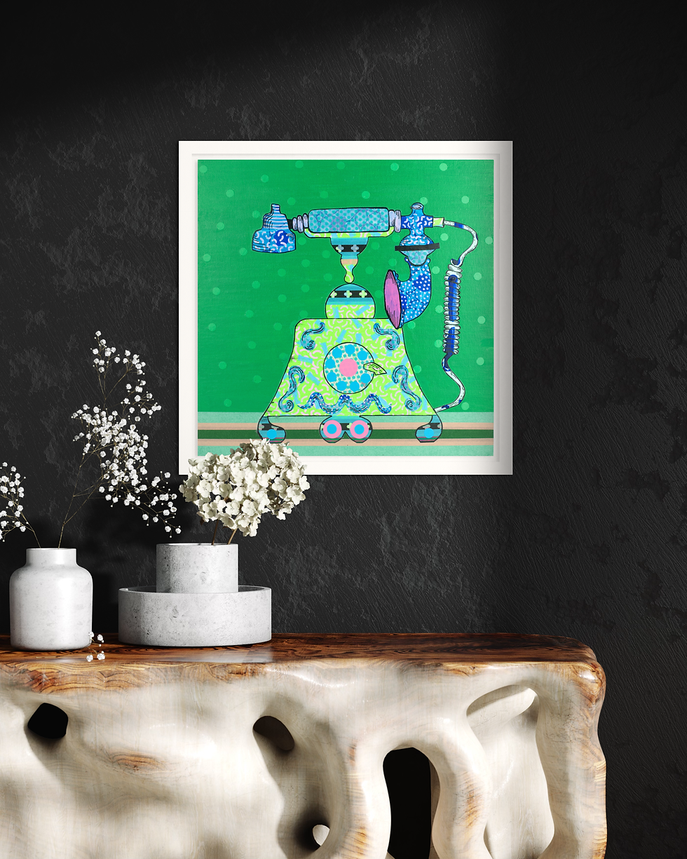 Thumbnail: Colorful vintage telephone art piece, green background, white frame on the wall. David Galan Studio