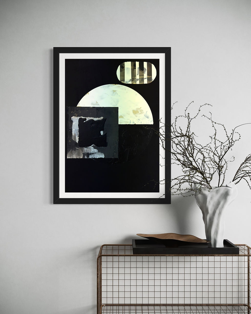 Thumbnail: Abstract art black framed on wall, with shapes and a vase arrangement.