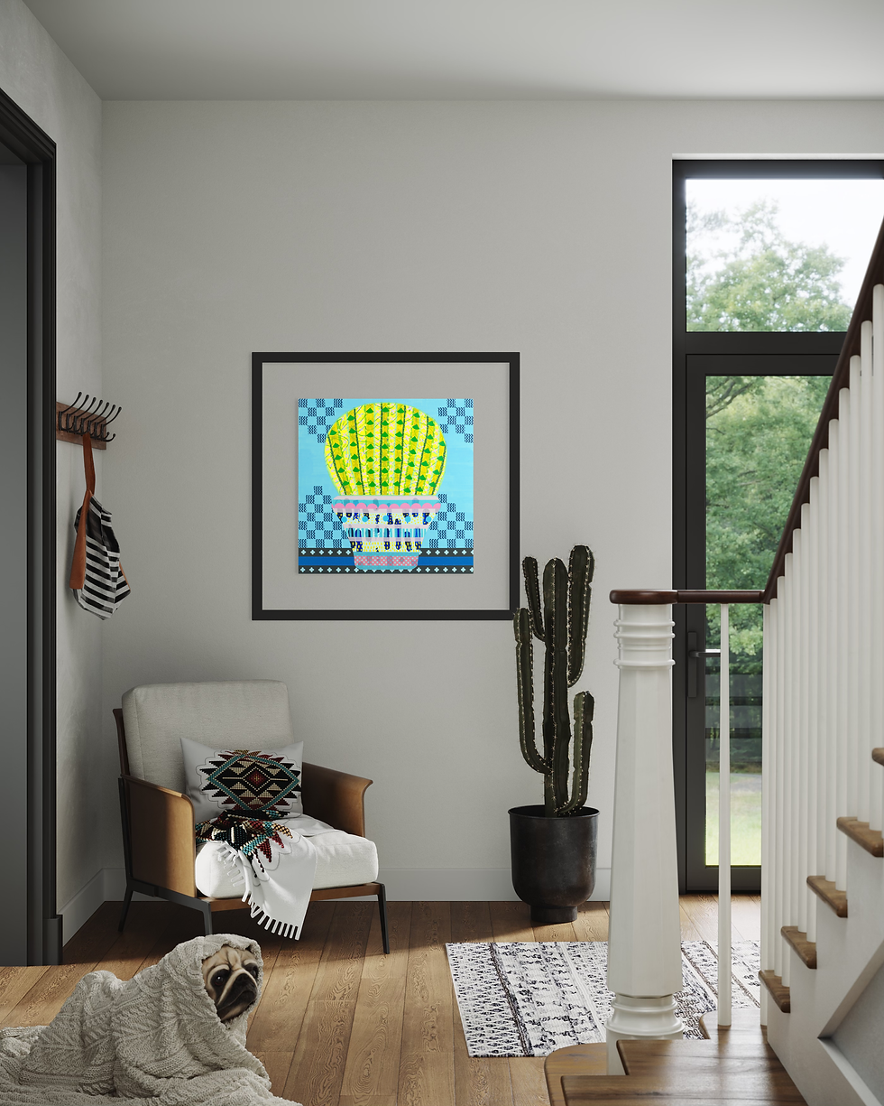 Thumbnail: Artwork in an entryway with a chair, rug, cactus, and stairs.