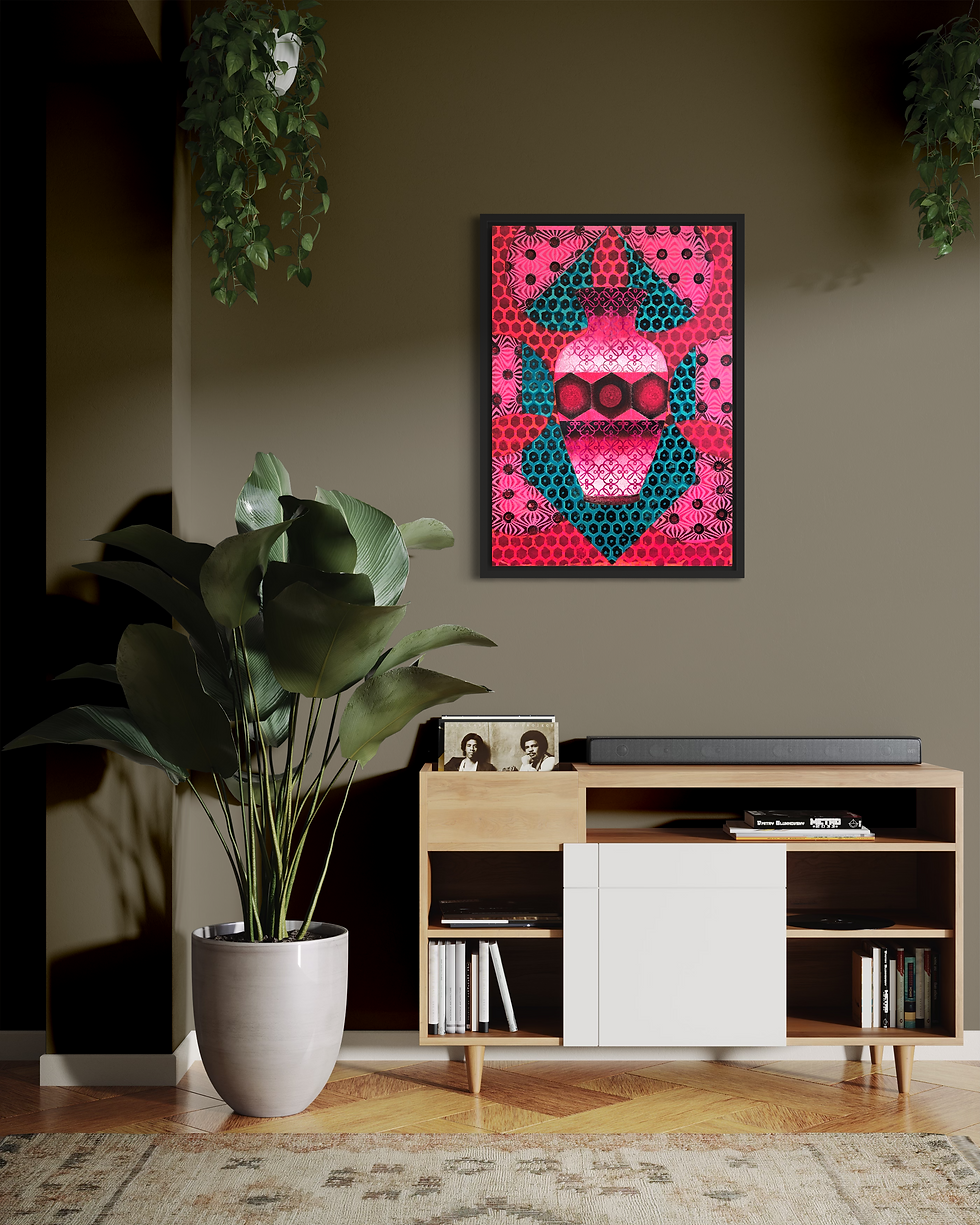 Thumbnail: Decorative artwork with red and teal patterns hanging on the wall. David Galan Studio