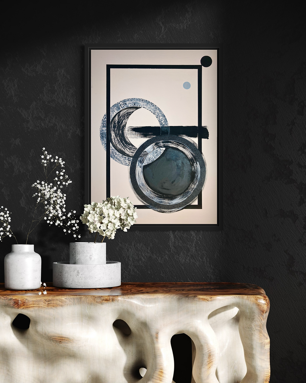 Thumbnail: Abstract art print, black frame, two vases, flowers, and a dark wall.