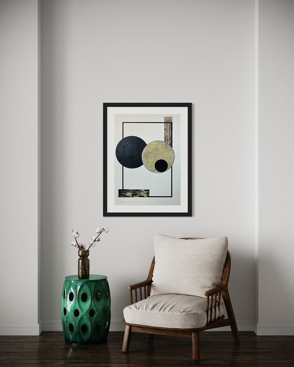 Thumbnail: Abstract art with circles and a frame, hanging in living room setting.