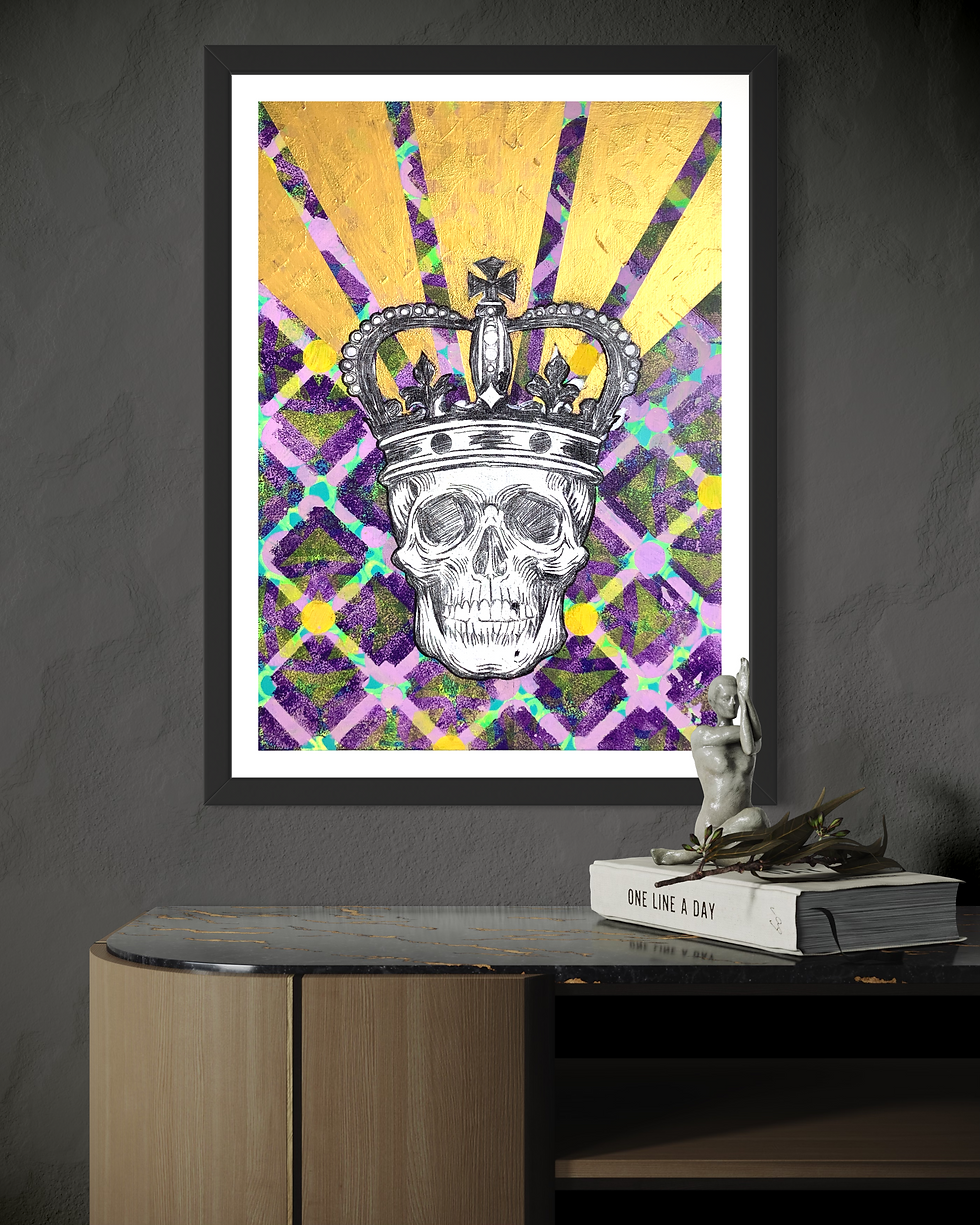 Skull art with crown, gold design, purple pattern background, artwork, David Galan Studio.