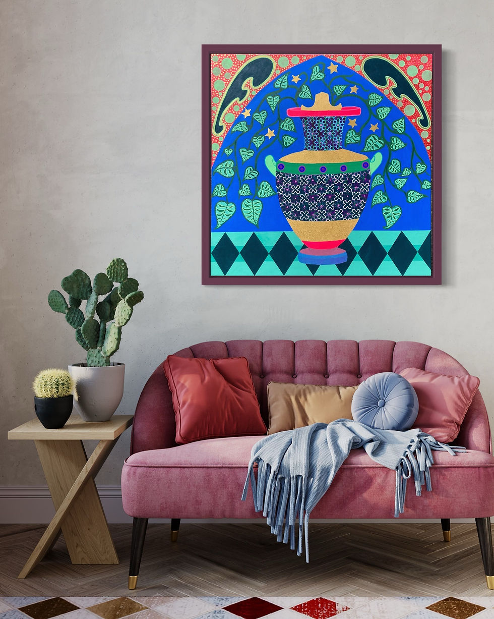 Thumbnail: Colorful artwork of a vase over a pink couch with pillows, cactus and table.