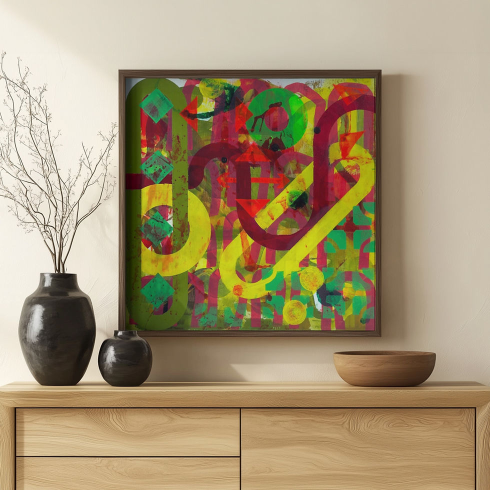 Thumbnail: Winding maroon and yellow tubular forms on olive ground. Red diamond markers and arrows, teal geometric shapes at right.