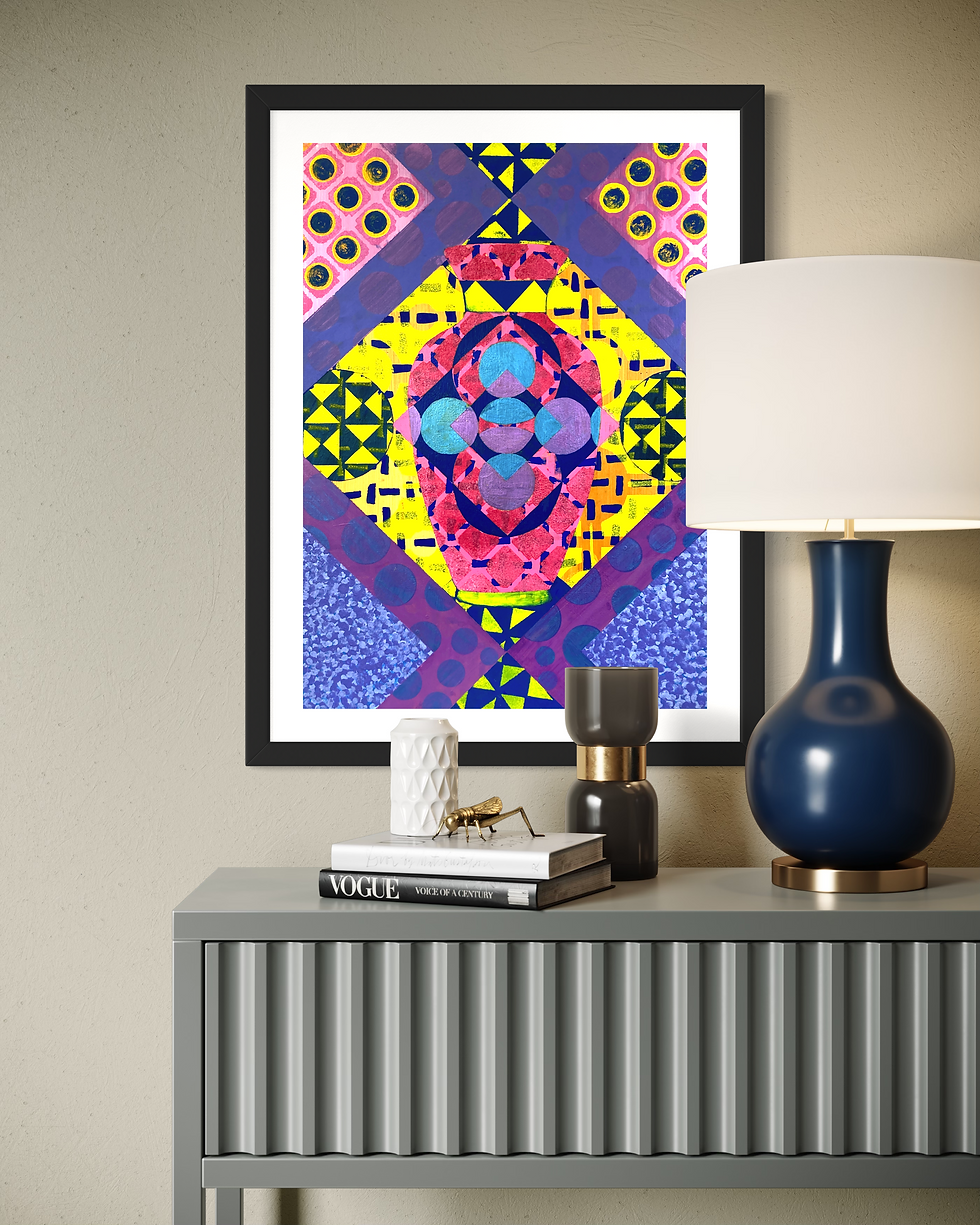 Thumbnail: Abstract art with geometric patterns and multiple colors on display with lamp.