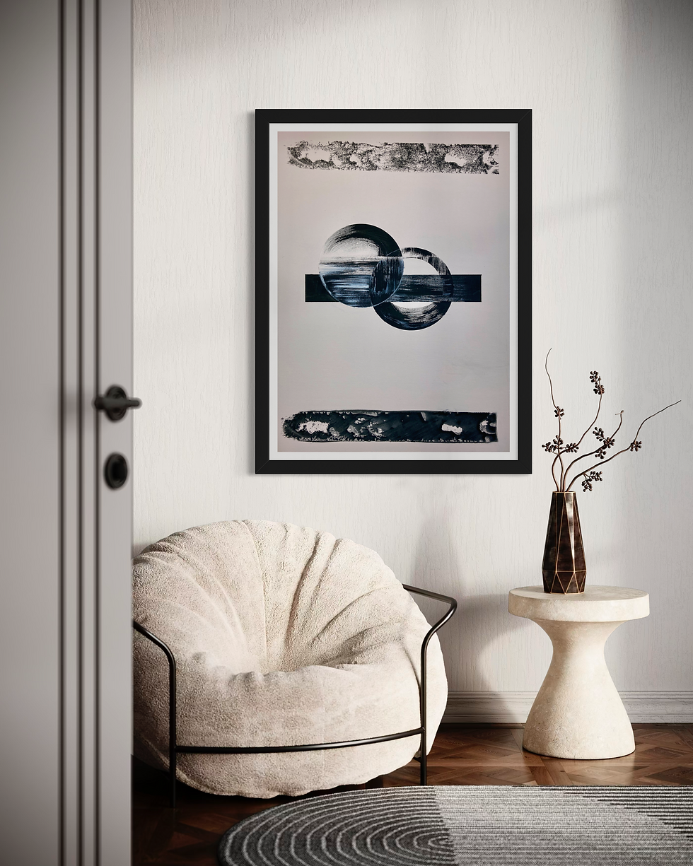 Thumbnail: Abstract art print, with two circles and a rectangle, hanging on wall