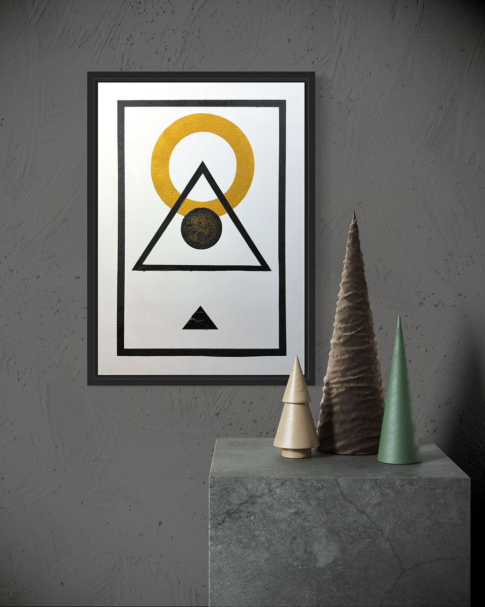 Thumbnail: Geometric art print with circle, triangle, and White Geometry 4 shapes on gray wall.