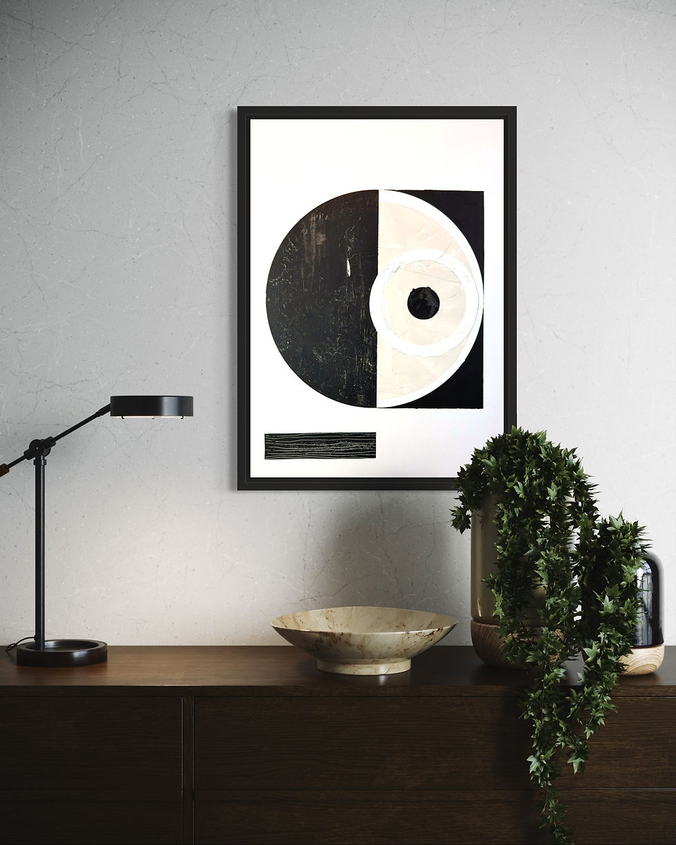 Thumbnail: Abstract art print, black and white geometric shapes, framed, on the wall, home decor