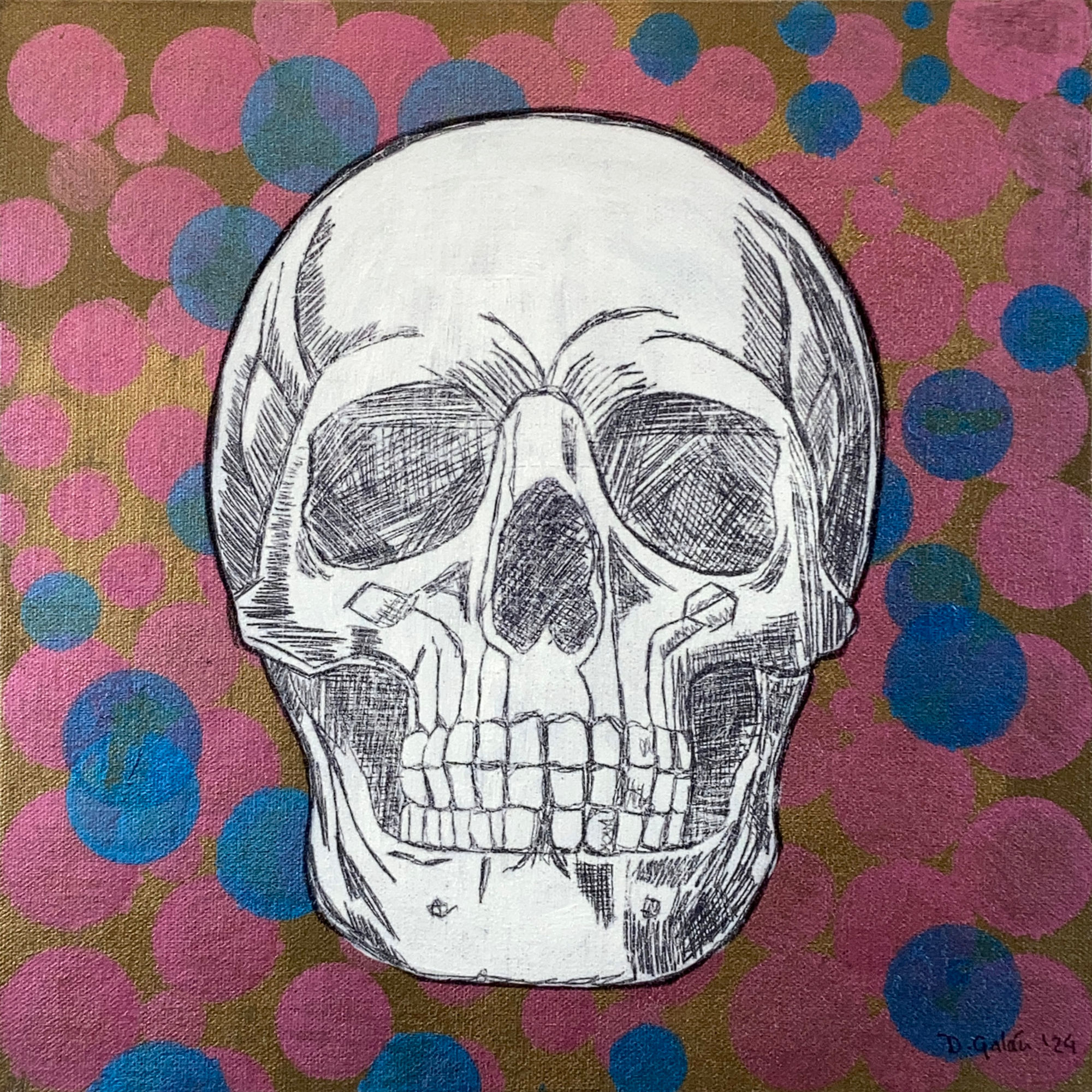 Detailed skull illustration with a pink and blue background, David Galan Studio.