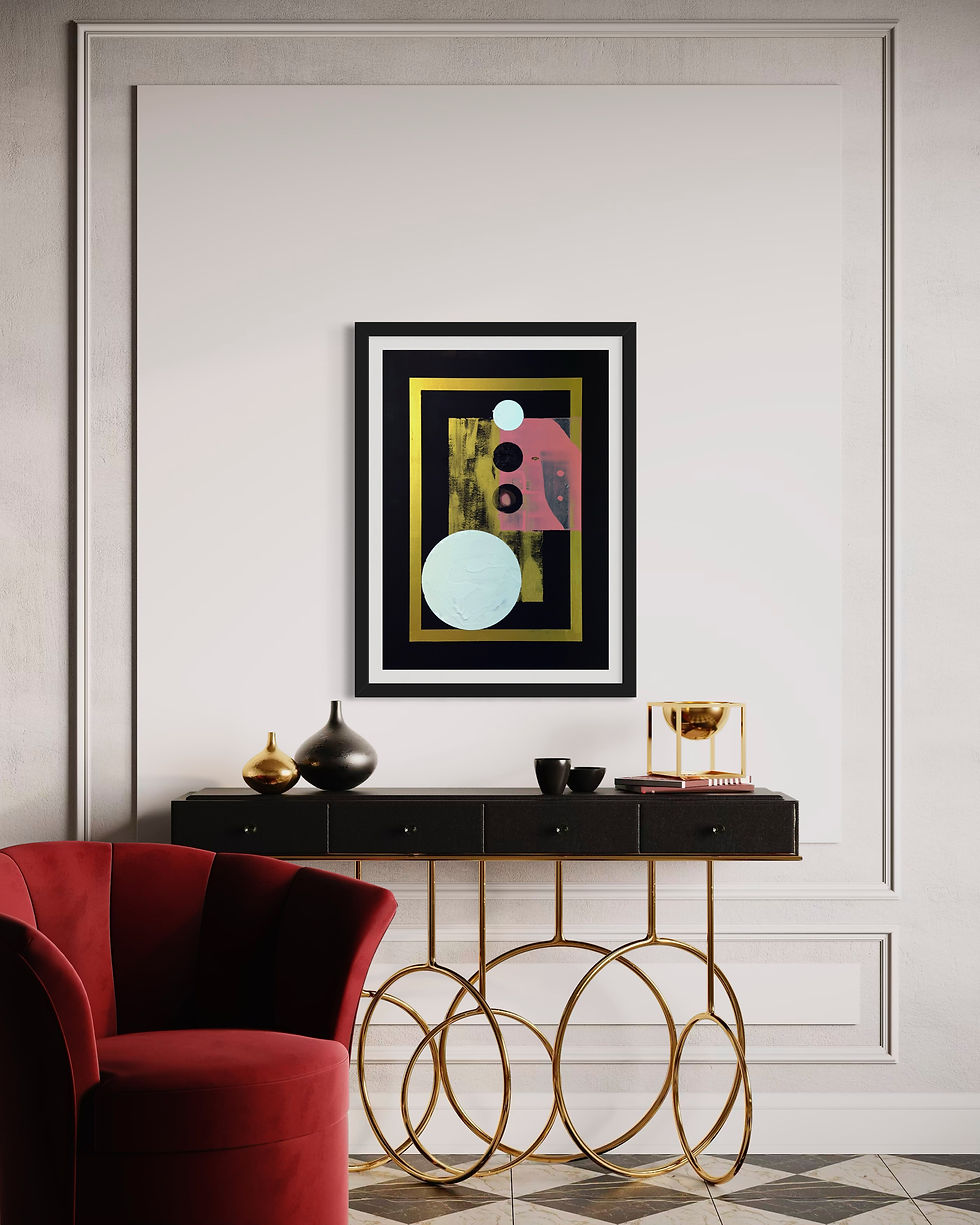 Thumbnail: Abstract art with circles and other shapes, framed on a white wall. David Galan Studio