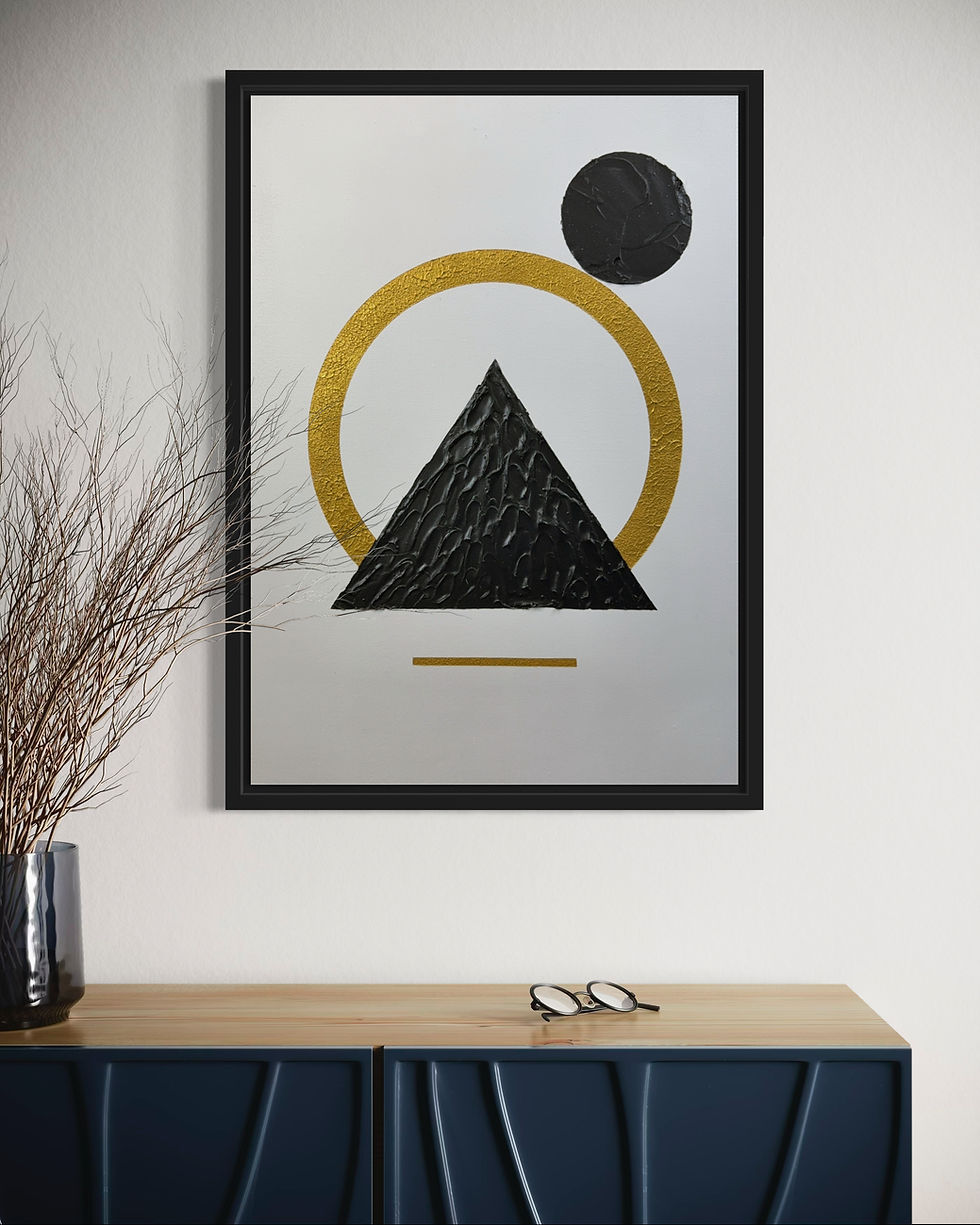 Thumbnail: Abstract painting with black triangle, gold circle and black circle.