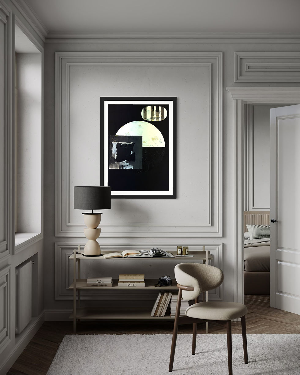 Thumbnail: Abstract art in a black frame, beside a lamp on a wooden table. David Galan Studio