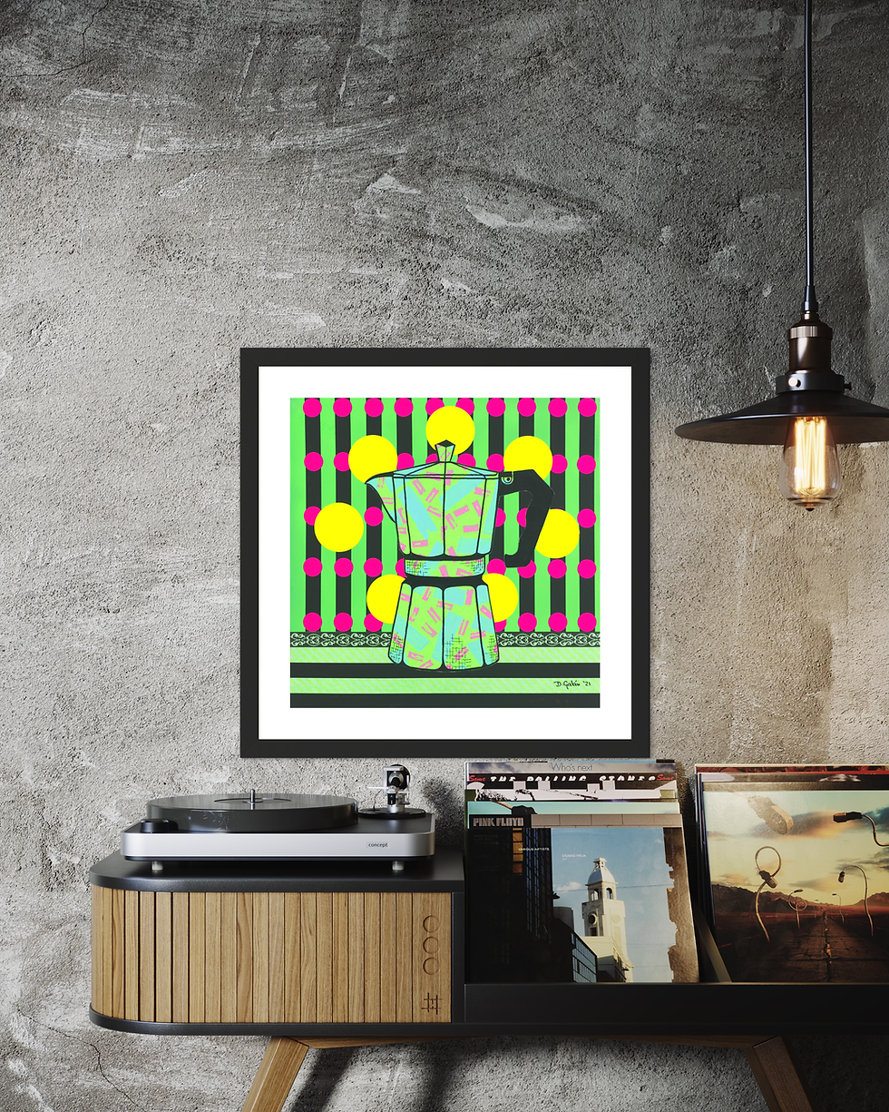 Thumbnail: Colorful framed art of a coffee maker with green and yellow pattern on the wall.