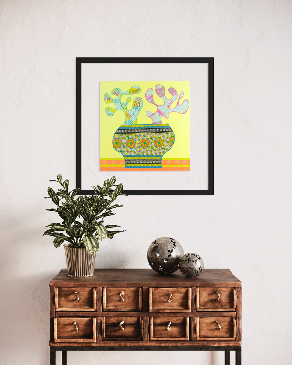 Thumbnail: Colorful artwork in a black frame, on a wall over a wooden table, with The Ivy.