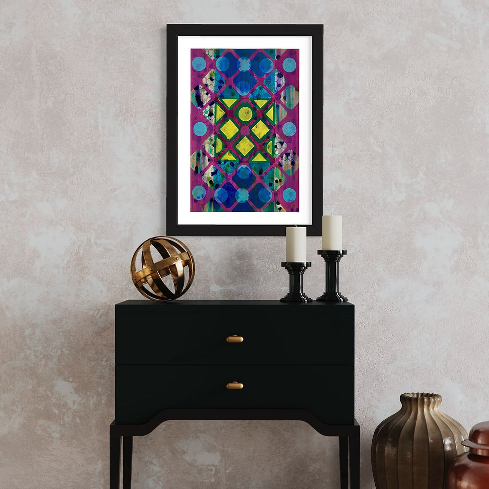 Thumbnail: Abstract art print framed above a black cabinet, with candles and decor.
