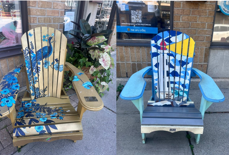 Painted Muskoka chairs outside shops on Ontario Street, Bronte Village