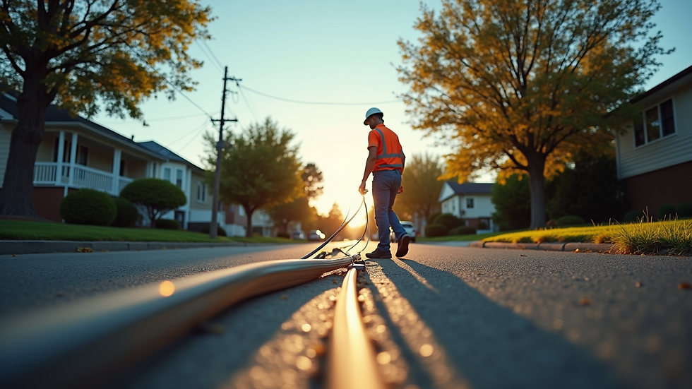 Eye-level view of a technician installing fiber optic cables on a residential street