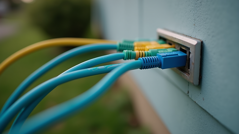 High angle view of fiber optic cable being connected to a residential home