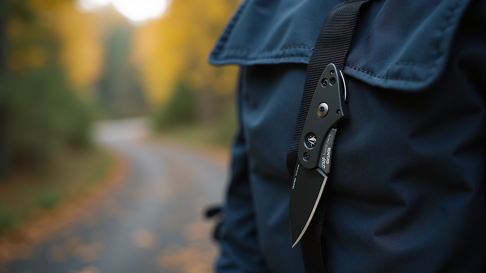 Eye-level view of Kershaw Mini Iridium knife clipped to a backpack strap