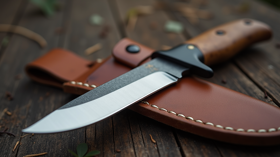 Eye-level view of a fixed blade hunting knife resting on a leather sheath