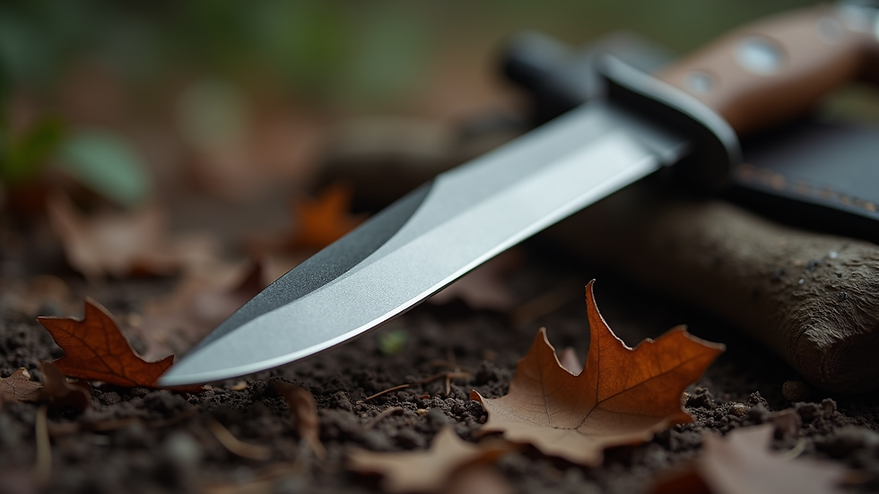 Close-up view of a hunting knife with a drop point blade and textured handle