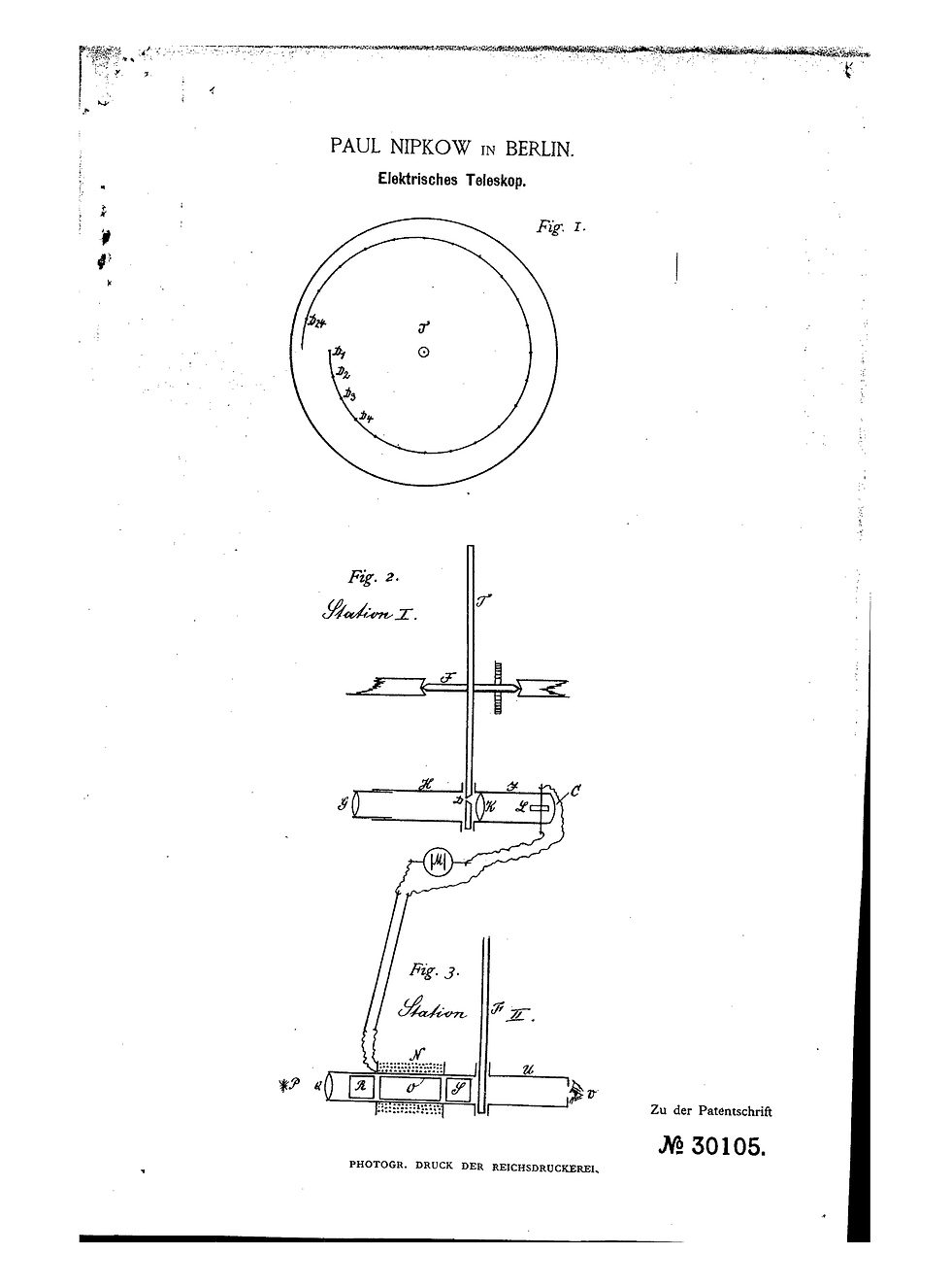 Paul Nipkow, drawings for Elektrisches Teleskop (“Electric Telescope”), German patent no. 30105, effective January 6, 1884; issued January 15, 1885. Source: German Patent and Trade Mark Office.