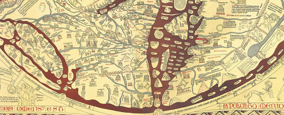 From a reproduction of the wonderful Hereford Mappa Mundi (ca. 1300 AD). The inscription on Sardinia: Sardinia Grece Sandaliotes dicta a similitudine pedis humani Corsica, ab oriente patet CLXXXVIII passuum, ab occidente CLXXXV , a meridie LXXVII, a septentrione CXX. [Sardinia is called Sandaliotis by the Greeks due to its resemblance to a human foot. It lies 188 miles from the east, 185 miles from the west, 77 miles from the south, and 120 miles from the north.]