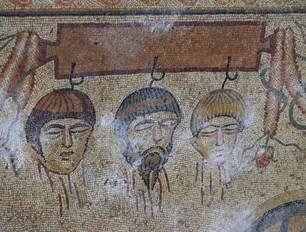 Mosaic showing beheaded suitors in the Hippodamia myth.