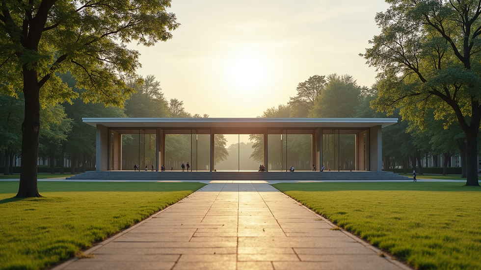 Eye-level view of a serene park with a modern pavilion