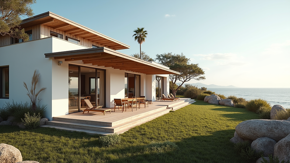 Wide angle view of a sustainable coastal home with solar panels and shaded outdoor living area