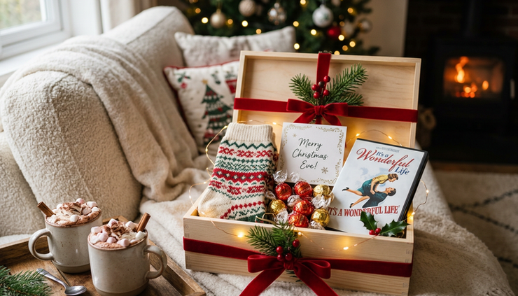 Eye-level view of a Christmas Eve box for a couple on a sofa