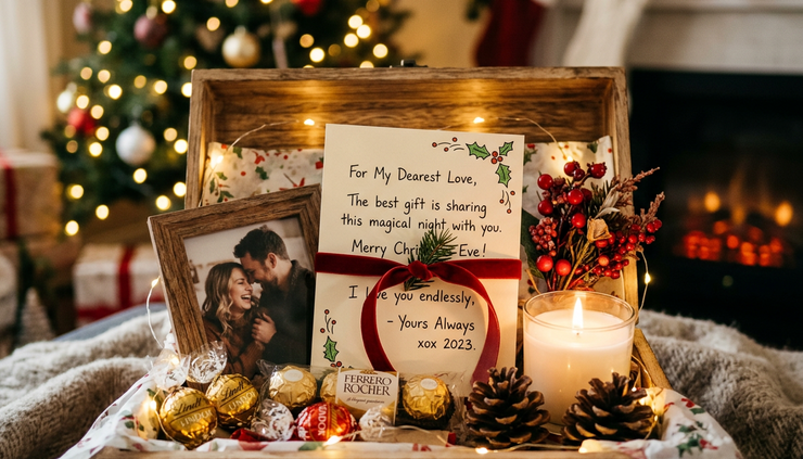 Close-up of a handwritten note inside a romantic Christmas Eve box